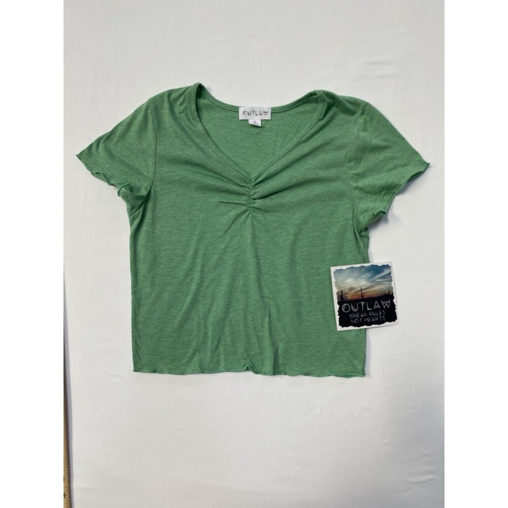Outlaw XL Green V-Neck Short Sleeve Ruched Front Crop Top T-Shirt Boho Y2K